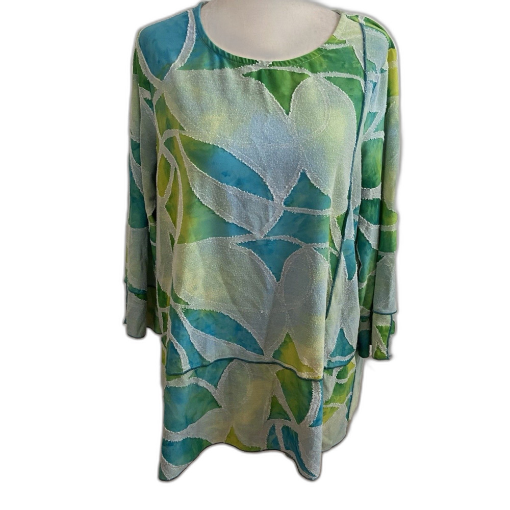 Ali Miles Three Quarter Sleeve Top Green Blue Size Petite Medium